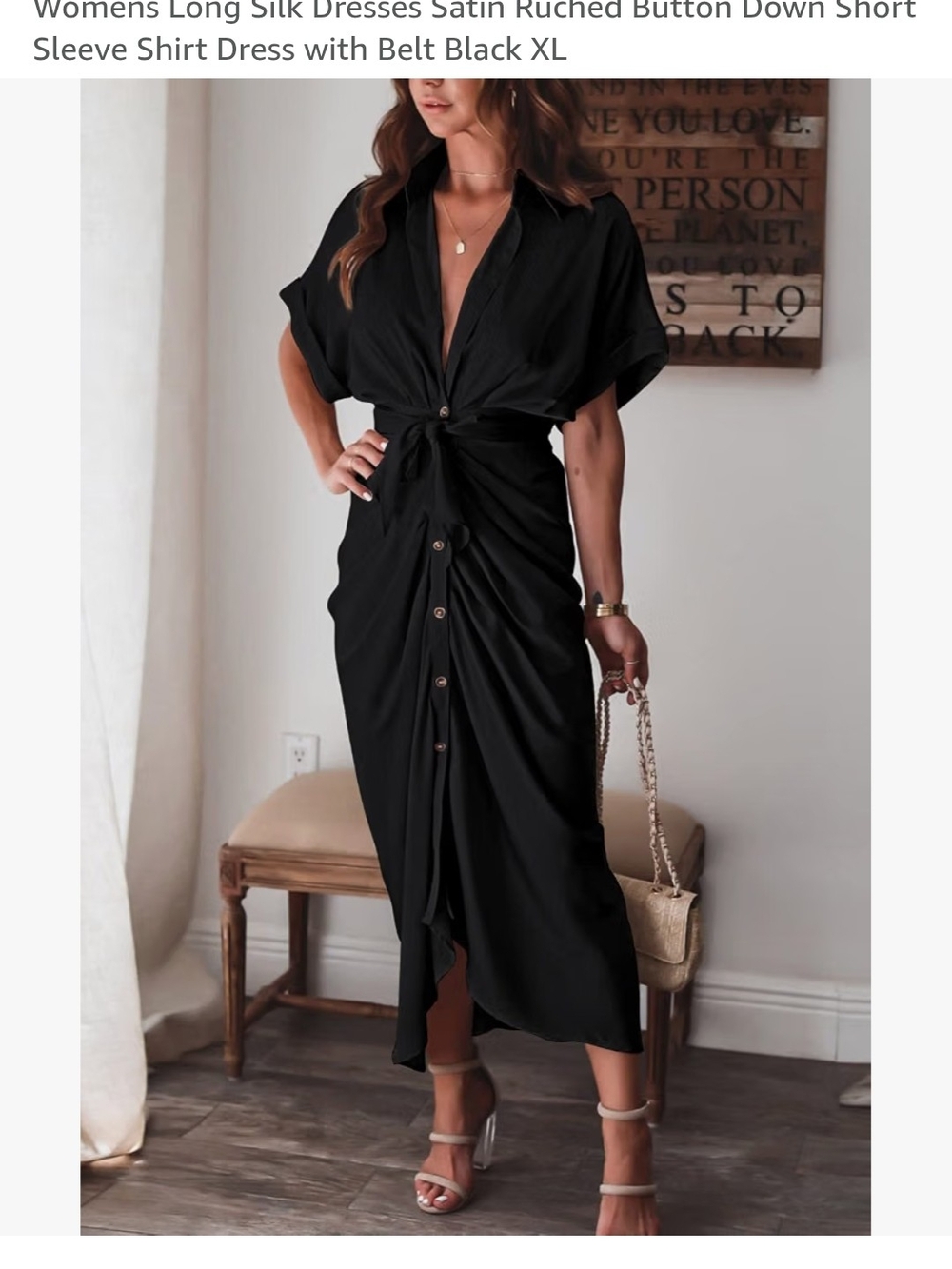 Black Ruched Button-Front Shirt Dress with Belt